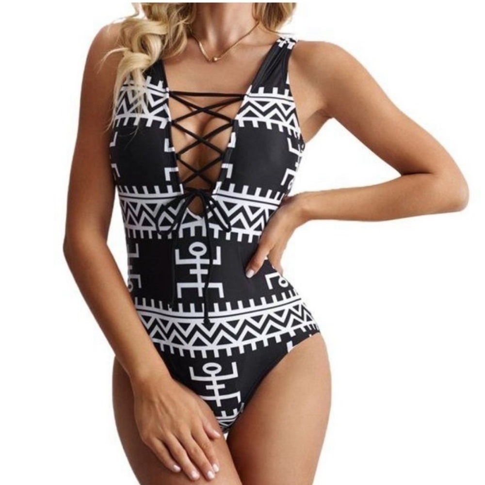 Dear-Lover Black/White Geometric Design Lave Up V-Neck One Piece Swimsuit 3XL